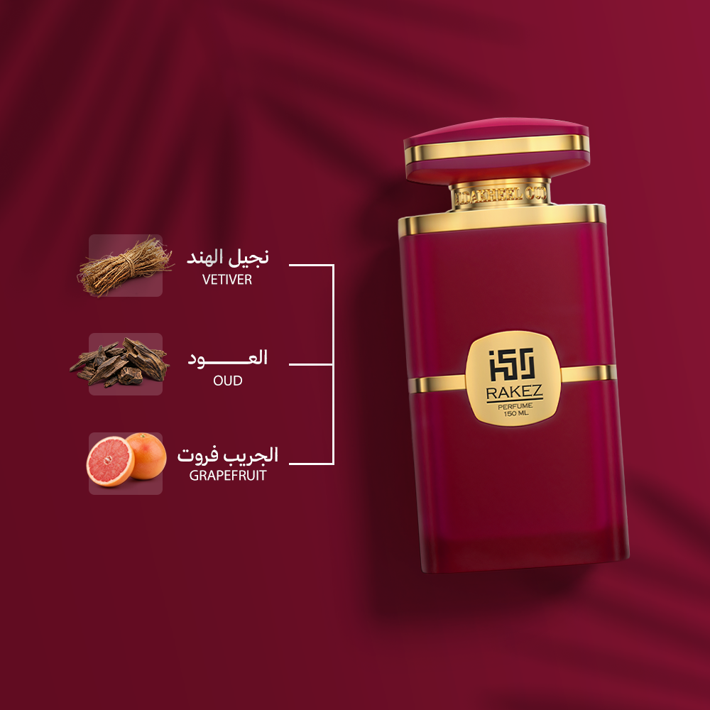 Rakez Burgundy fragrance notes – vetiver, oud, grapefruit