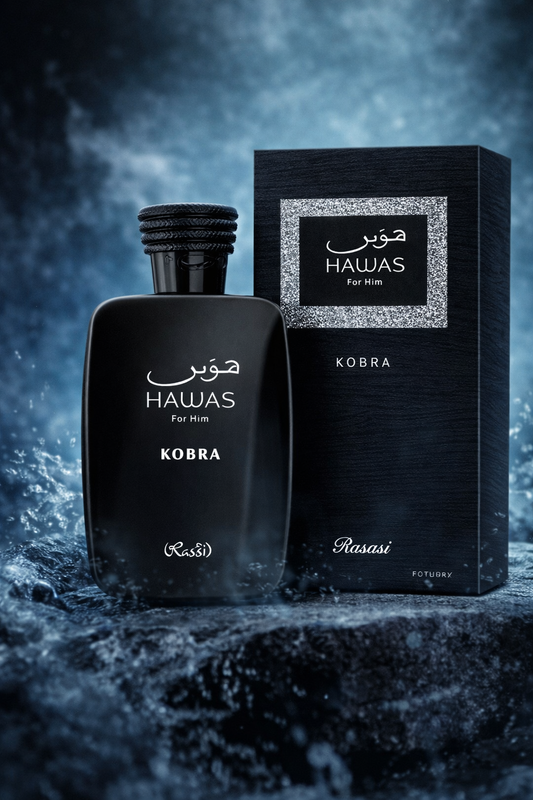 Rasasi Hawas Kobra perfume in Pakistan dark fresh aquatic fragrance long lasting black bottle for men